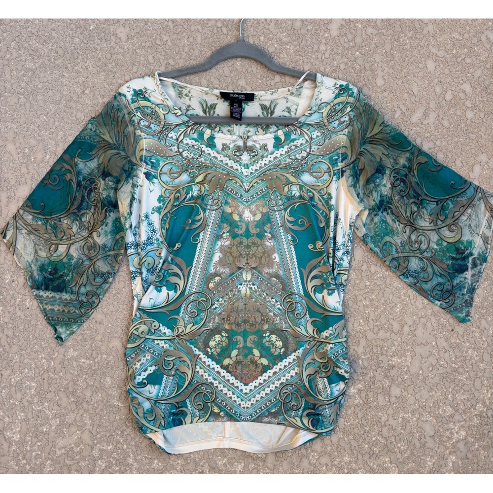 Style & Co Fairy Top Paisley Rhinestones Sheer Sleeves Small Boho